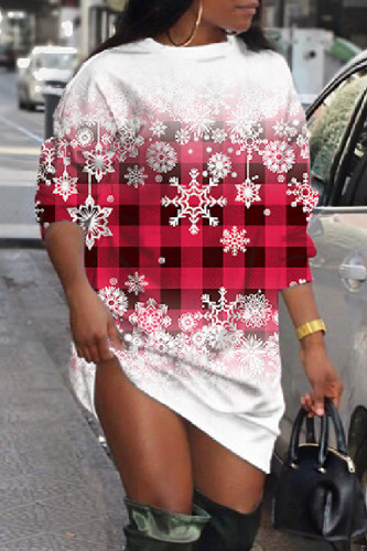 White Red Casual Print Basic O Neck Long Sleeve Dresses