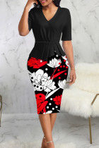 Zwarte sexy print patchwork v-hals bedrukte jurkjurken