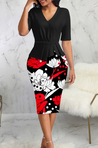 Black Sexy Print Patchwork V Neck Printed Dress Dresses