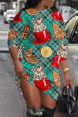 Green Casual Print Basic O Neck Long Sleeve Dresses