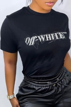 T-shirts noirs à col rond et patchwork à imprimé Street Daily
