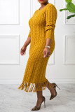 Ginger Casual Solid Tassel Patchwork O Neck Straight Dresses