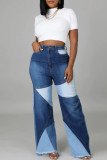 Blue Street Color Block Patchwork Poche Boutons Contraste Fermeture Éclair Taille Haute Lâche Denim Jeans
