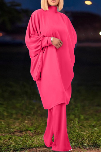 Rose Red Elegant Solid Patchwork Turtleneck Long Sleeve Two Pieces