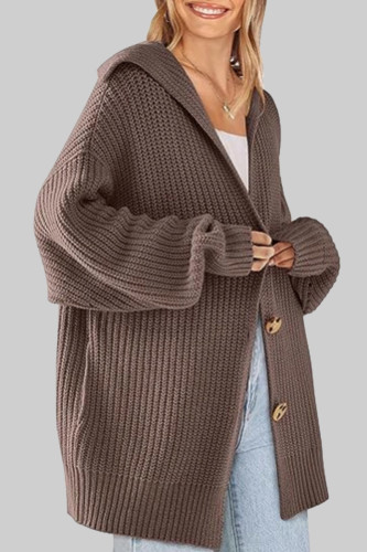 Dark Brown Casual Patchwork Buckle Hooded Collar Long Sleeve Kintted Sweater Jackets