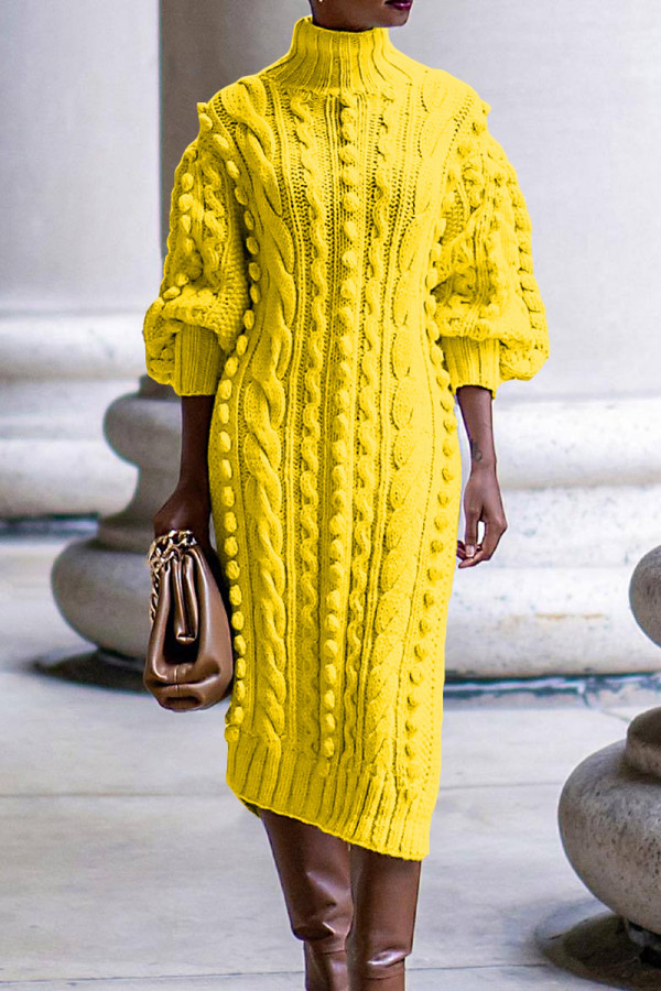 Gele casual effen patchwork hoge opening rechte jurken met col