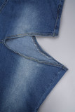 Himmelblaue, legere, einfarbige, ausgehöhlte, normale Denim-Jeans mit hoher Taille