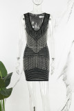 黒のセクシーなパッチワーク タッセル ホット ドリル V ネック ラップ スカート ドレス