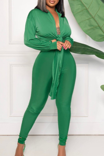 Green Street Solid Bandage Patchwork V Neck Long Sleeve Two Pieces