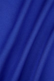 Azul profundo casual sólido retalhos com cinto turndown colarinho vestidos de manga comprida