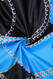 ブルーのセクシーなプリント パッチワーク バックル シャツカラー プリント ドレス ドレス
