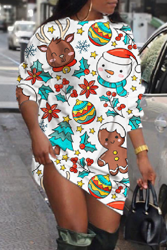 White Casual Print Basic O Neck Long Sleeve Dresses