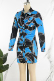 Robes de robe imprimées à col de chemise à boucle en patchwork imprimé sexy bleu
