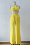 Yellow Casual Solid Backless Strapless Sleeveless Two Pieces