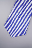 Tiefblaue, lässige, gestreifte Patchwork-Kleider mit O-Ausschnitt und langen Ärmeln