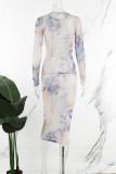 Aprikos Casual Print Genomskinlig O-hals långärmade klänningar
