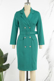 Vert décontracté solide patchwork avec ceinture col rabattu robes à manches longues