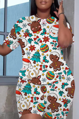White Casual Print Basic O Neck Short Sleeve Two Pieces
