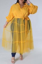 Желтое повседневное однотонное лоскутное платье-рубашка с отложным воротником и уздечкой Платья больших размеров