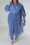 ブルー カジュアル ソリッド パッチワーク 小帯 ターンダウン カラー シャツ ドレス プラス サイズ ドレス