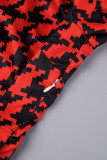 Patchwork estampado elegante vermelho com cinto e decote em V Macacões regulares (sem cinto)