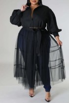 ブラック カジュアル ソリッド パッチワーク 小帯 ターンダウン カラー シャツ ドレス プラス サイズ ドレス