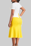 White Yellow Sexy Color Block Patchwork Buttons Slit Turndown Collar Princess Dresses