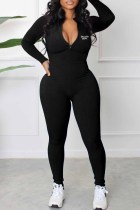Zwarte sportkleding print jumpsuits met rits en kraag