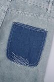 Hellblaue, lässige Patchwork-Jeans mit hoher Taille und regulärer Passform