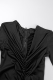 Черные повседневные однотонные платья в стиле пэчворк с V-образным вырезом и длинными рукавами