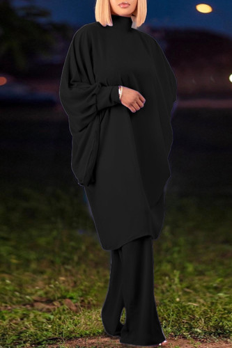 Black Elegant Solid Patchwork Turtleneck Long Sleeve Two Pieces