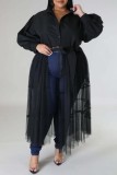Robe chemise noire décontractée en Patchwork uni, Frenulum, col rabattu, robes de grande taille