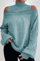 Malachite Green Casual Solid Hollowed Out Patchwork Turtleneck Tops