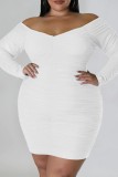 ホワイト カジュアル ソリッド ベーシック V ネック 長袖 プラス サイズ ドレス