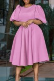 Roze casual effen basic O-hals A-lijn jurken