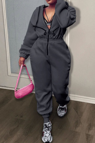 Grey Casual Zipper Hooded Collar Long Sleeve Sportwear Jogger Jumpsuits