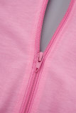 Roze casual effen uitgeholde patchwork zak met rits en capuchon kraag met lange mouwen, twee stukken