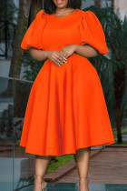 Оранжевые повседневные однотонные базовые платья А-силуэта с круглым вырезом