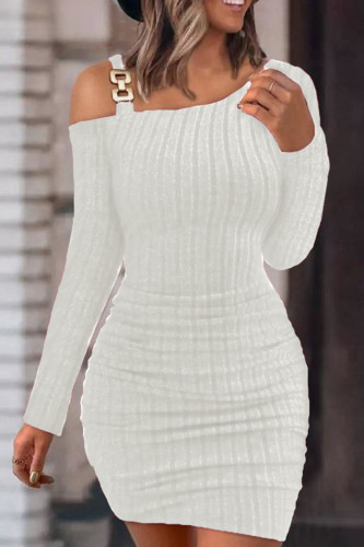 ホワイト カジュアル ソリッド ベーシック オブリーク カラー ロング スリーブ ドレス