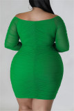グリーン カジュアル ソリッド ベーシック V ネック 長袖 プラス サイズ ドレス