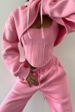 Pink Casual Solid Basic Hooded Collar Long Sleeve Three Piece Set