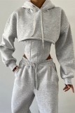 White Casual Solid Basic Hooded Collar Long Sleeve Three Piece Set