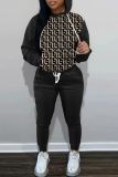 Black White Casual Print Patchwork Hooded Collar Long Sleeve Two Pieces