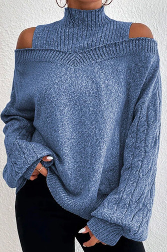 Peacock Blue Casual Solid Hollowed Out Patchwork Turtleneck Tops