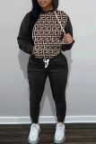Black Gray Casual Print Patchwork Hooded Collar Long Sleeve Two Pieces