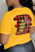 T-shirts décontractés jaunes à imprimé patchwork à col rond