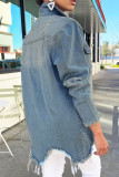 Light Blue Casual Street Solid Patchwork Buckle Turndown Collar Long Sleeve Straight Make Old Distressed Ripped Denim Jacket