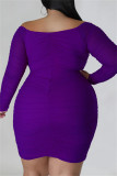 Пурпурные повседневные однотонные базовые платья больших размеров с V-образным вырезом и длинными рукавами