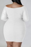 Weiße, lässige, solide Basic-Kleider mit V-Ausschnitt und langen Ärmeln in Übergröße