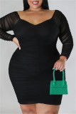 Green Casual Solid Basic V Neck Long Sleeve Plus Size Dresses